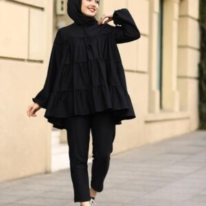 Black Cotton Shirt for Women – Stylish Loose Fit Tiered Top