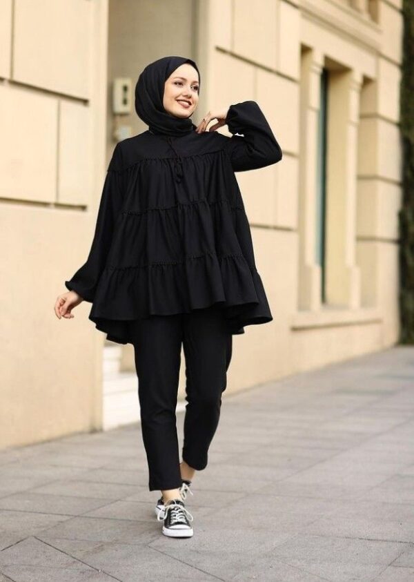 Black Cotton Shirt for Women – Stylish Loose Fit Tiered Top