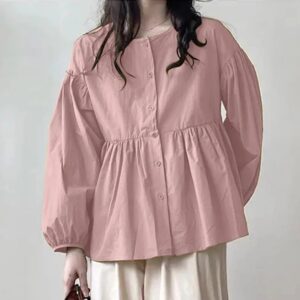 💕Light Pink Button-Down Shirt with round neckline for Women